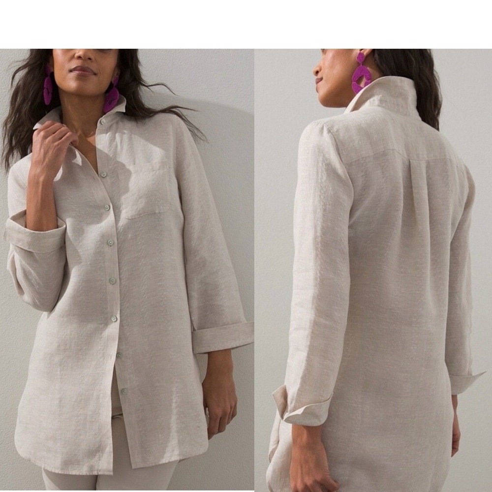 NWT Chico's Size 1 (8) No-Iron Textured Linen Button Down Tunic Oatmeal